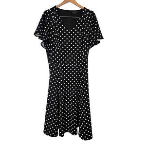 Lane Bryant Polka Dot V-Neck Flutter Sleeve Midi Dress Black White Plus Size 20